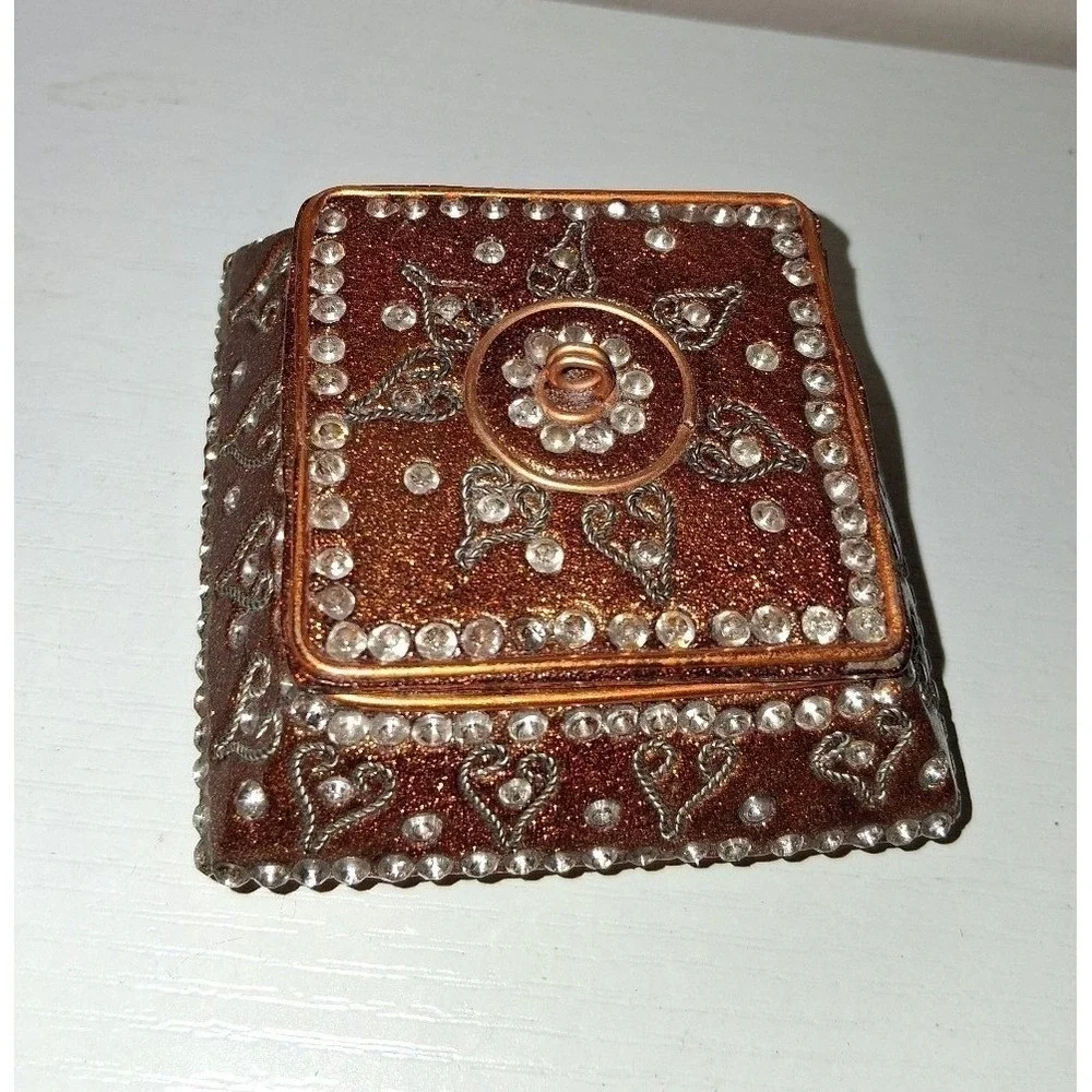 Decorative Bronze Glitter Trinket Box Jeweled Hinged Lid Boho Box 3